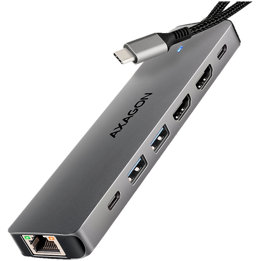 AXAGON HMC-7HX2 USB-C 3.2 Gen 1 hub, 2x USB-A + 1x USB-C, 2x HDMI 4K 60Hz, GLAN, PD 100W, 15cm USB-C cable