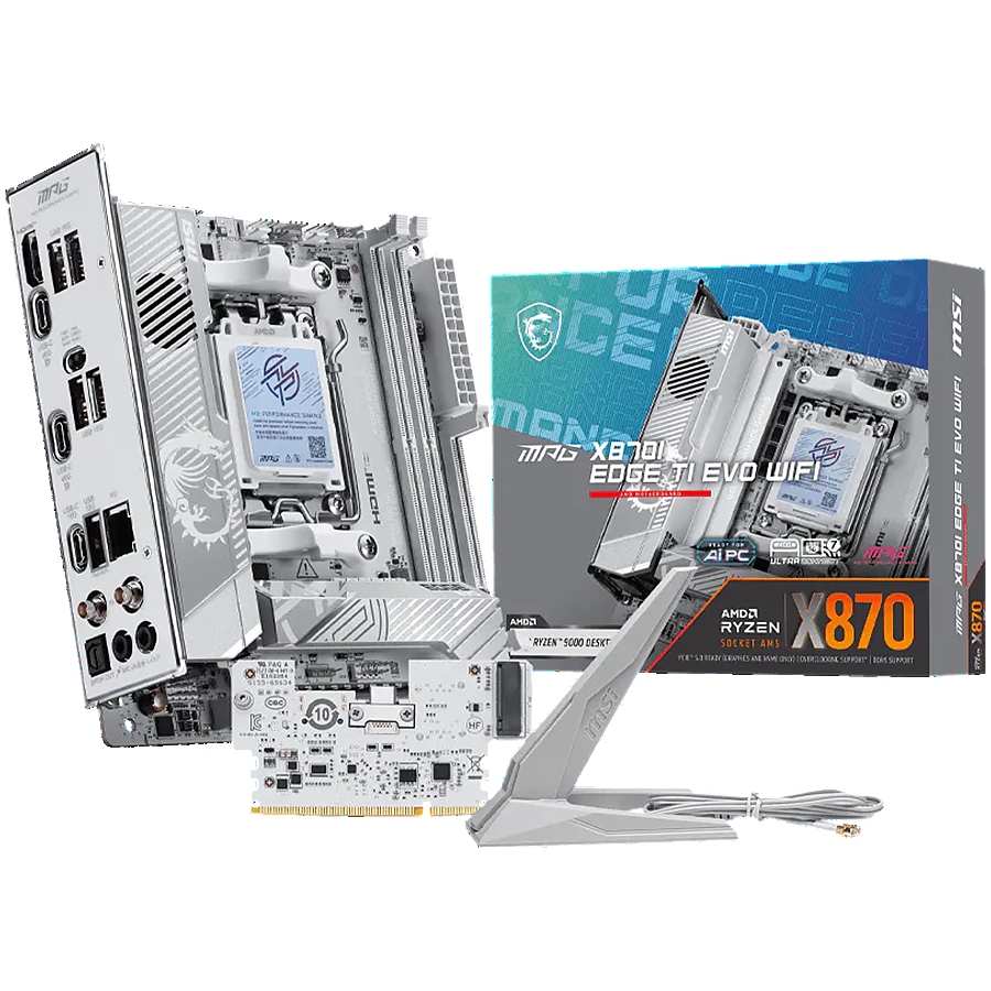 MSI MPG X870I EDGE TI EVO WIFI, mITX, Socket AM5, Dual Channel DDR5 10000+MHz (OC), 1x PCIe x16 slot, 3x M.2 slot, 1x HDMI, 5x USB 3.2 Gen 2, 1x USB 3.2 Gen 2 Type C, 2x USB 40Gbps Type C, Expansion Card, 7.1 HD Audio, 5Gbps LAN, WIFI 7, BT, 3Y