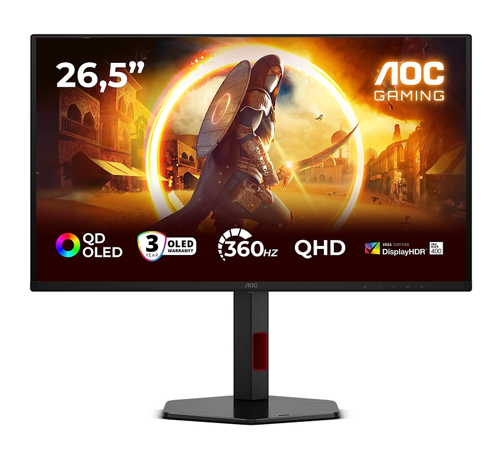 AOC Q27G4SDR, 26.5" QD-OLED, 2560x1440@360Hz, 0.03ms GtG, 1000cd m/2, 1.5M:1, Adaptive Sync, FlickerFree, Low Blue Light, Tilt, Height Adjust, Pivot, Swivel, 2xHDMI, DP, USB hub
