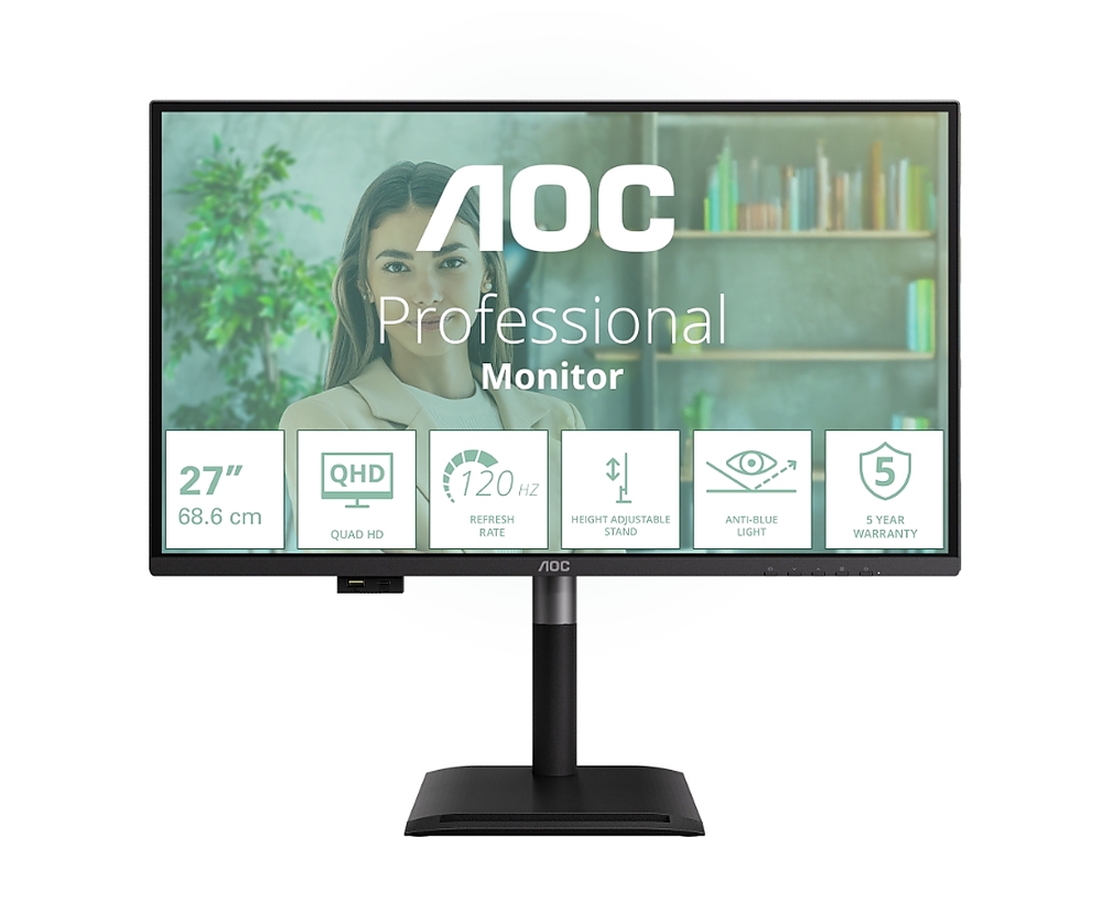 AOC Q27P4U, 27" IPS WLED, 2560x1440@120Hz, 4ms GtG, 350cd m2, 1500:1, DCR 50M:1, Adaptive Sync, FlickerFree, Anti Blue Light, 2Wx2, Tilt, Height Adjust, Pivot, Swivel, 2xHDMI, DP, USB hub