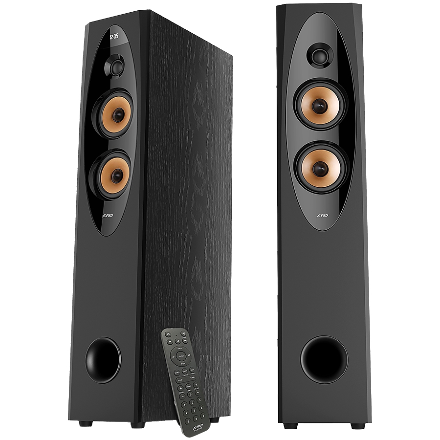 F&D T-60X 2.0 Floorstanding Speakers, 110W RMS ( 55Wx2), 1'' Tweeter + 4'' Speaker + 8'' Subwoofer for each channel, BT/NFC/Optical/AUX/USB/FM/Karaoke function/LED Display/Remote control/Microphone/Wooden, Black