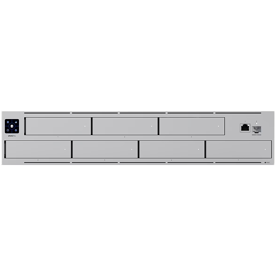 Ubiquiti UNAS-Pro-8-EU 2U rack-mount NAS with (8) 2.5/3.5" HDD bays and (2) M.2 NVMe SSD cache slots, delivering faster access, lower latency, and high-availability 10 Gbps networking for large-scale file storage and sharing