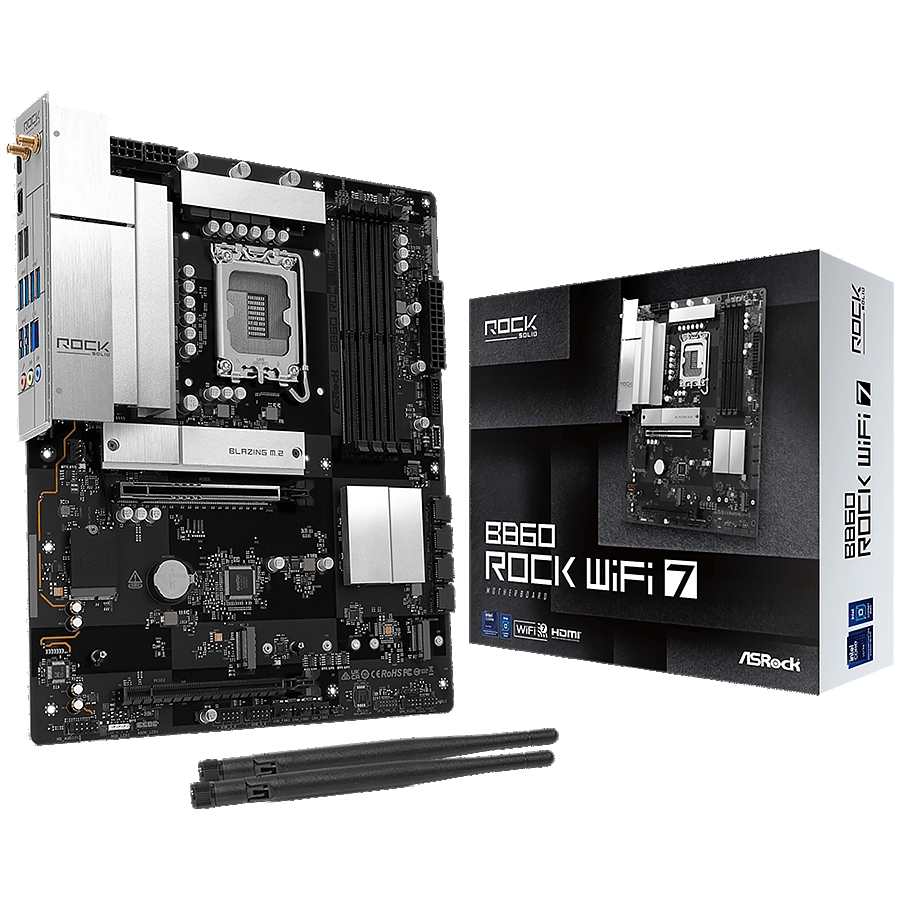 ASROCK MB Desktop B860 Rock Wi-fi 7, S.1851, 4x DDR5, 1x PCIe 5.0 x16, 1x PCIe 4.0 x4, 1x Blazing M.2, 2x Hyper M.2, 4x SATA3, 2x USB-C, 7x USB 3.2, 6x USB 2.0, 1x RJ-45 2.5GB Lan, 802.11be Wi-Fi 7 + Bluetooth 5.4, ATX