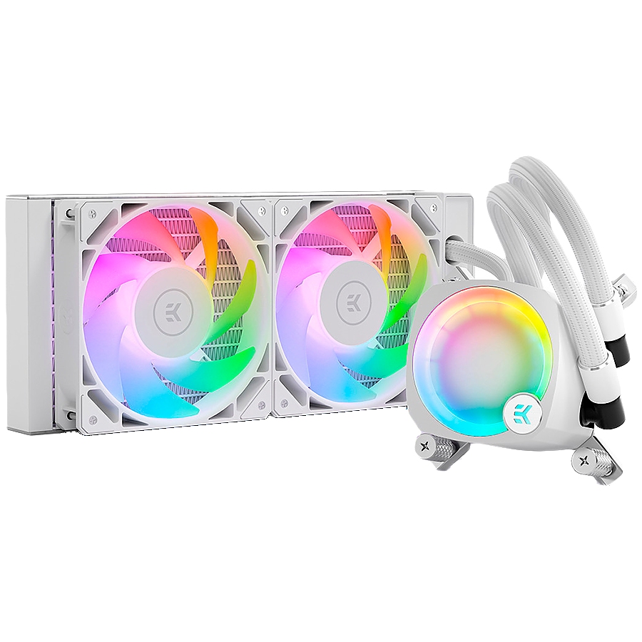 EK-Nucleus AIO CR240 Lux D-RGB - White, 2x EK-FPT FAN 120 D-RGB PWM fans, Rotatable ARGB Pump Top, Intel Sockets LGA: 1150, 1151, 1155, 1156, 1200, 1700, 2011, 2011-3, 2066, AMD Sockets: AM4, AM5, 5 Year Warranty