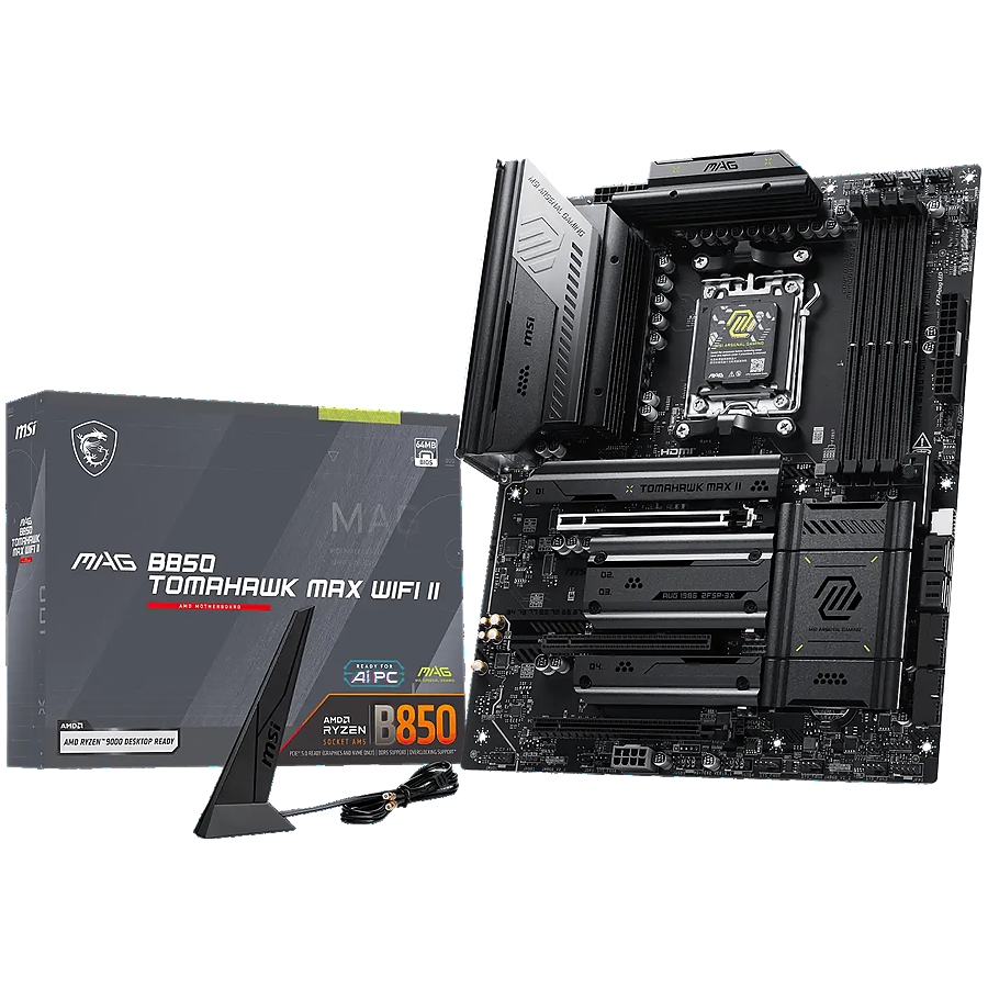 MSI MAG B850 TOMAHAWK MAX WIFI II, ATX, Socket AM5, 4x DDR5 Dual Channel DDR5 up to 8400(OC)MHz, 3x PCIe 3.0 x16 slot, 4x M.2 slot, 4x USB 2.0, 1x USB 5Gbps, 2x USB 10Gbps, 3x USB 10Gbps Type-C, HDMI, 7.1 HD Audio, 5G LAN, WiFI 7, BT, 3Y