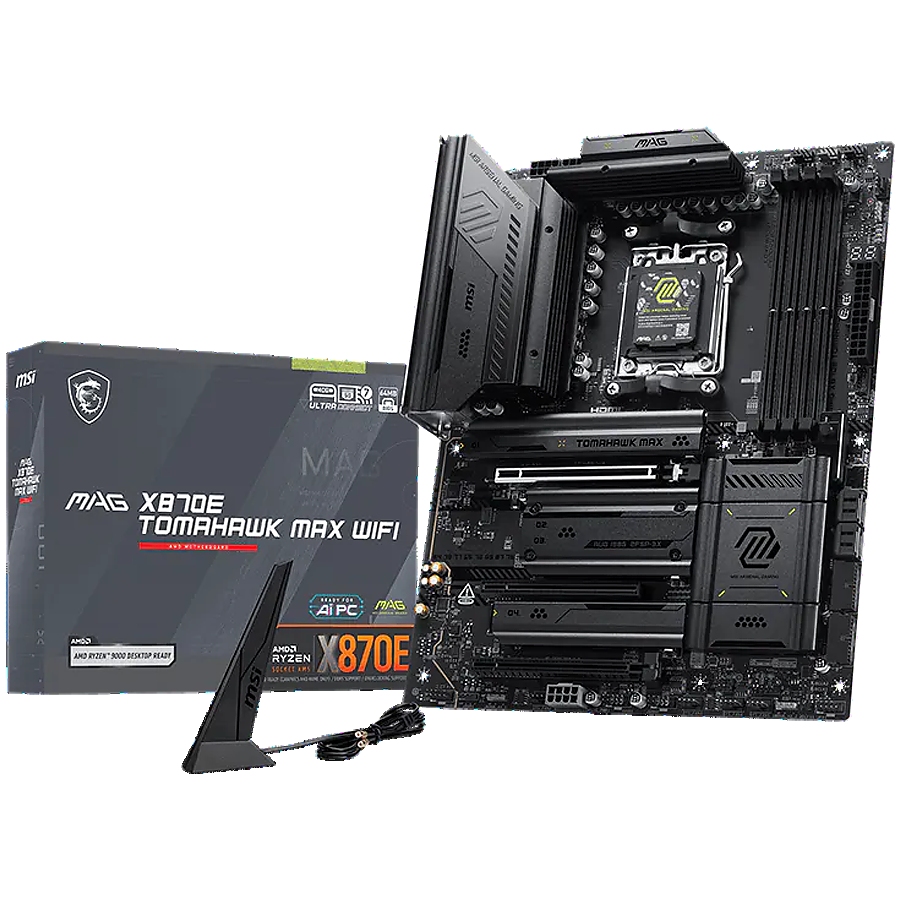 MSI MAG X870E TOMAHAWK MAX WIFI, ATX, Socket AM5, 4x DDR5 Dual Channel DDR5 up to 8400(OC)MHz, 3x PCIe 3.0 x16 slot, 4x M.2 slot, 4x USB 2.0, 3x USB 5Gbps, 2x USB 10Gbps, 1x 10Gbps Type-C, 2x 40Gbps Type-C, HDMI, 7.1 HD Audio, 5G LAN, WiFI 7, BT, 3Y