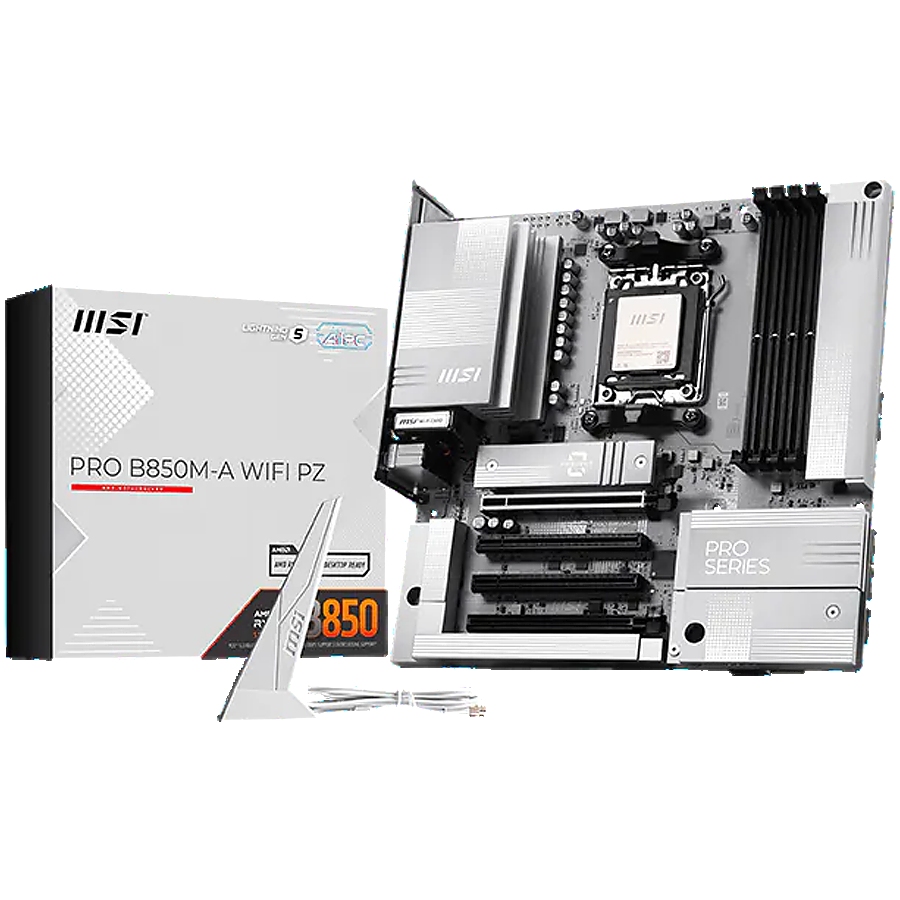 MSI PRO B850M-A WIFI PZ, mATX, Socket AM5, 4x DDR5 Dual Channel DDR5 up to 8200(OC)MHz, 4x PCIe x16 slot, 2x M.2 slot, 3x USB 5Gbps, 3x USB 10Gbps, 1x USB 10Gbps Type-C, 7.1 HD Audio, 5G LAN, WiFI 7, BT, 3Y
