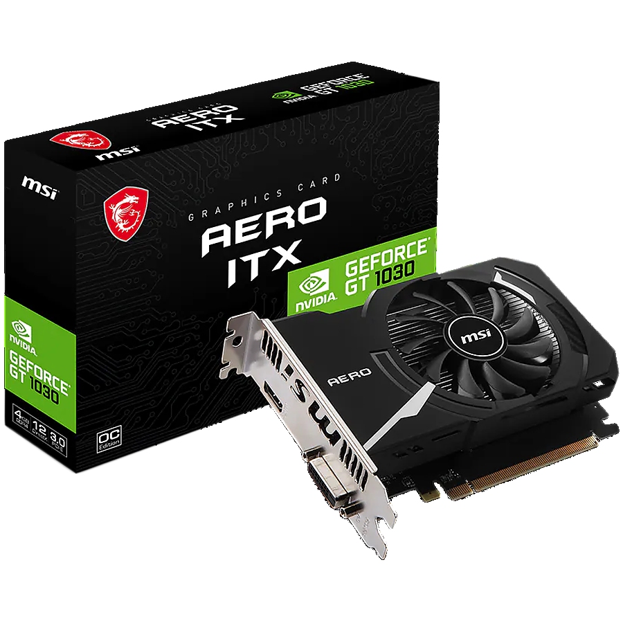 MSI Video Card Nvidia GeForce GT 1030 AERO ITX 4GHD4 OC, 4GB DDR4, 64-bit, 2100MHz Memory Speed, 1430MHz Boost, 384 CUDA Cores, 1x DVI-D, HDMI 2.1, 300W Recommended PSU, 3Y