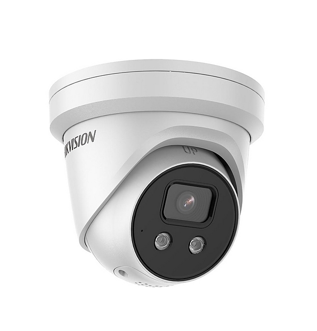 HikVision 4 MP AcuSense Strobe Light and Audible Warning Fixed Turret Network Camera, 2.8 mm, F1.4, IR up to 30m, H.265+, IP67, built-in microphone, built-in Speaker, built-in memory card slot (up to 512 GB), 12Vdc/PoE 8.8W