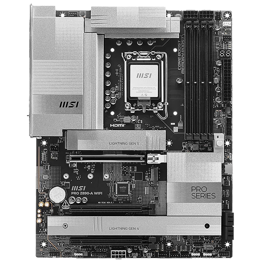 MSI PRO Z890-A WIFI, LGA 1851, Dual Channel DDR5 up to 9200(OC)MHz, 3x PCIe x16 slots, 4x M.2 slot, 4xUSB 5Gbps, 3xUSB 10Gbps A, 1xUSB 10 Gbps C, 2xThunderbolt 40Gbps Type-C, HDMI, 5G LAN, WIFI, 7.1 Audio, 3Y