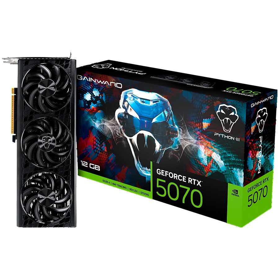 Gainward GeForce RTX 5070 Python III 12GB GDDR7 192 bit, 1x HDMI 2.1b, 3x DP 2.1b, 3 Fan, 1x 16-pin pwr connector, 650W, board size 291.9 x 116.5 x 41.3 mm, NE75070019K9-GB2050T