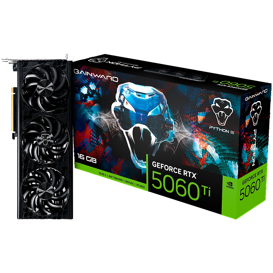 Gainward GeForce RTX 5060Ti Python III 16GB GDDR7 128 bit, 1x HDMI 2.1b, 3x DP 2.1b, 3 Fan, 1x 8-pin pwr connector, 600W, 291.9 x 116.5 x 41.3 mm, NE7506T019T1-GB2061T