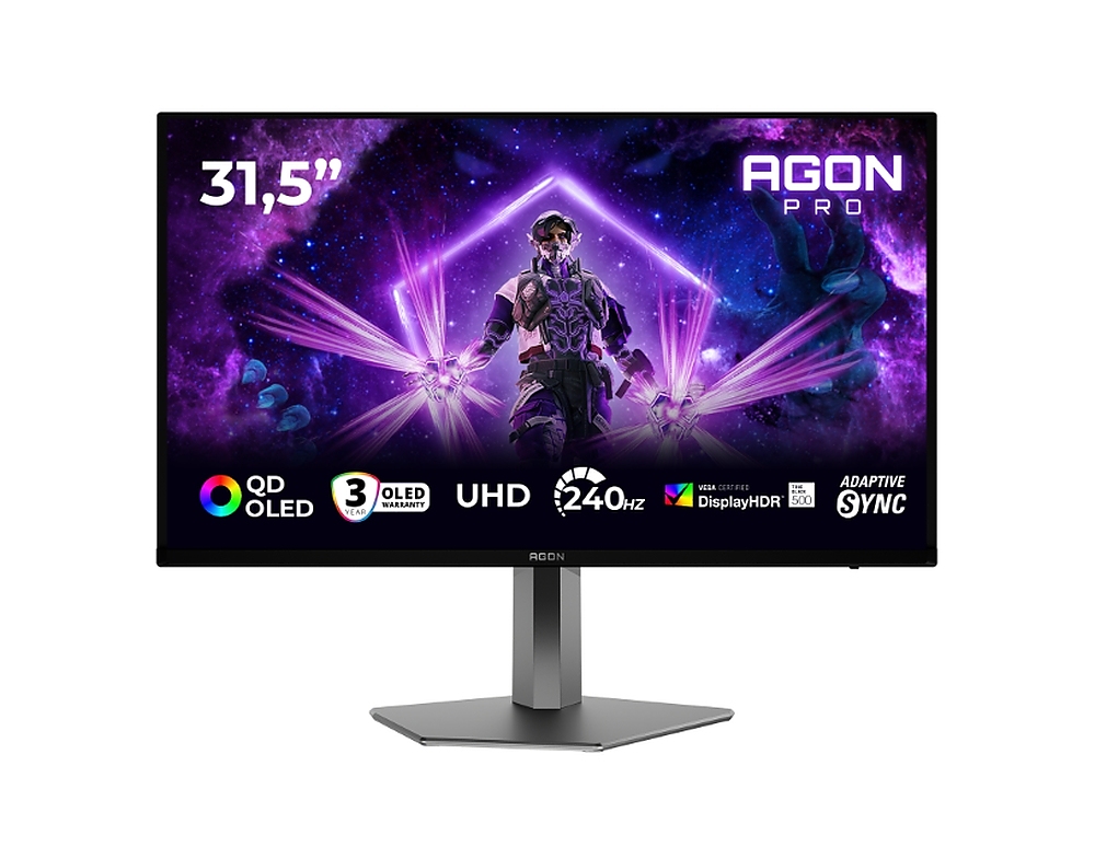 AOC AG326UZD2, 31.5" QD-OLED, 3840x2160@240Hz, 0.03ms GtG, 250cd m/2 (SDR), 1000cd m/2 (HDR), 1.500.000:1, 80M:1, Adaptive Sync, FlickerFree, LowBlue Mode, 8Wx2, Tilt, Height Adjust, Pivot, Swivel, 2xHDMI, DP, USB hub, KVM