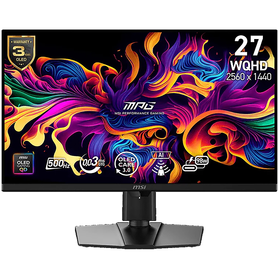 MSI MPG 271QR QD-OLED X50 Gaming Monitor, 26.5" 500Hz, WQHD (2560x1440) 16:9, QD-OLED Anti-Reflection, 0.03ms, 300nits, 1500000:1, 178/178, G-SYNC Compatible, AMD FreeSync Premium Pro, DisplayHDR True Black 500, Adj. Stand, 1xDP, 2xHDMI, 1xType-C, 3Y