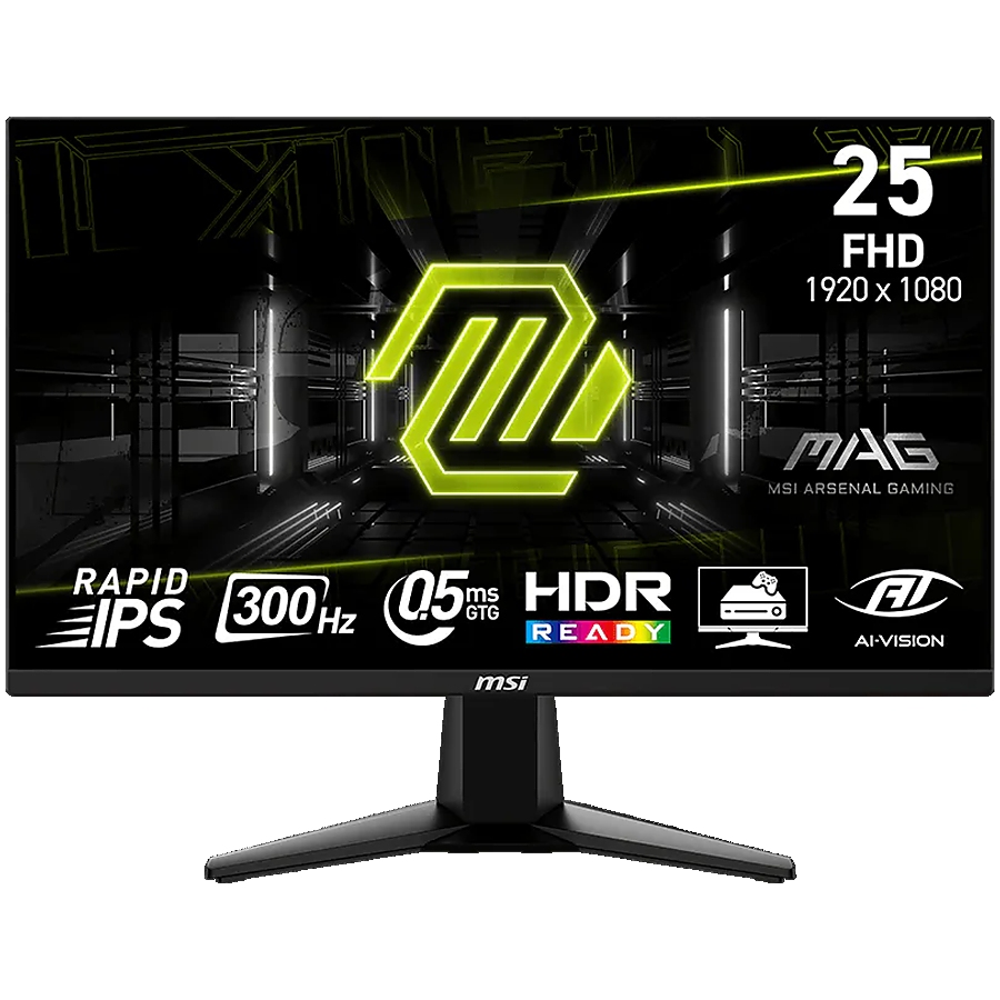 MSI MAG 255XF Gaming Monitor, 24.5" 300Hz, FHD (1920x1080) 16:9, Rapid IPS, 0.5ms, 250nits, 1000:1, 178/178, AMD FreeSync Premium, HDR Ready, Tilt, 1x DP, 2x HDMI, 1x Headphone out, 3Y Warranty