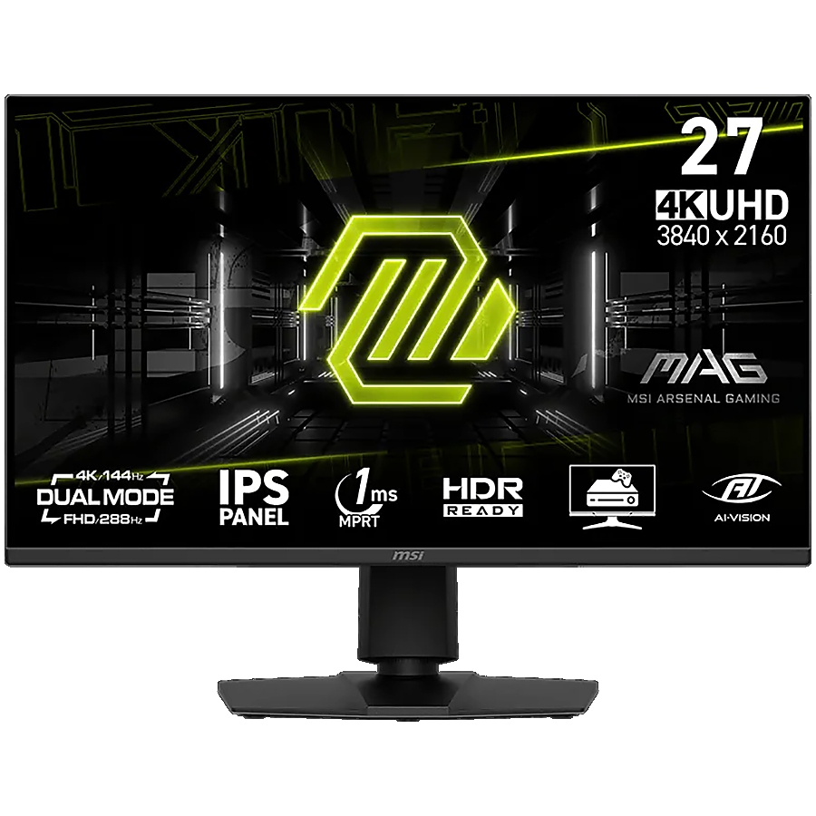 MSI MAG 275UPD E14 Gaming Monitor, 27" 144Hz, UHD (3840x2160) 16:9, Dual Mode (1920x1080 - up to 288Hz), IPS, 1ms, 250nits, 1500:1, 178/178, AMD FreeSync Premium, HDR Ready, Adjustable stand, Speakers, 1x DP, 2x HDMI, 1x Headphone out, 3Y Warranty