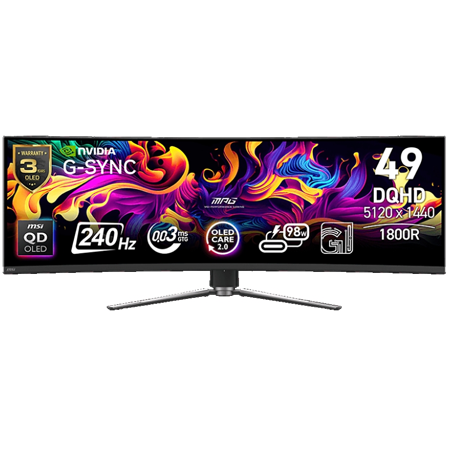 MSI MPG 491CQPX QD-OLED Gaming Monitor, 49" 240Hz, DQHD (5120x1440) 32:9, QD-OLED, 0.03ms, 250nits, 3500:1, 178/178, 1800R Curve, G-Sync Compatible, HDR True Black 400, Adjustable Stand, 1x DP, 2x HDMI, 1x Type-C, 1x Headphone out, USB, 3Y Warranty