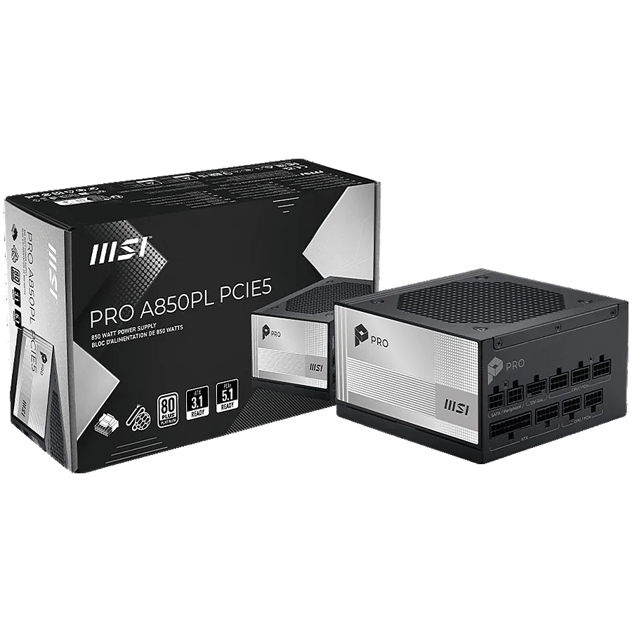 MSI PRO A850PL PCIE5, 850W, 80 Plus Platinum, 120mm Fluid Dynamic Bearing Fan, Protections: OCP/OTP/OPP/SCP/OVP/UVP/SIP/NLO, Dimensions: 150mmx150mmx86mm, 7Y Warranty