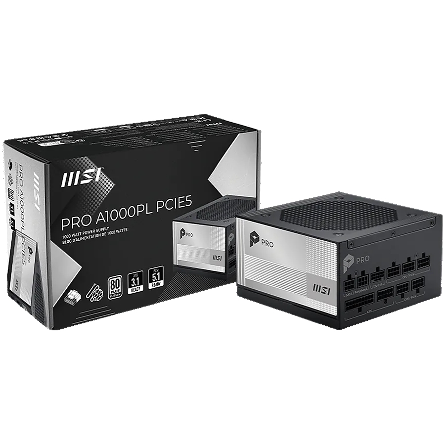MSI PRO A1000PL PCIE5, 850W, 80 Plus Platinum, 120mm Fluid Dynamic Bearing Fan, Protections: OCP/OTP/OPP/SCP/OVP/UVP/SIP/NLO, Dimensions: 150mmx150mmx86mm, 7Y Warranty