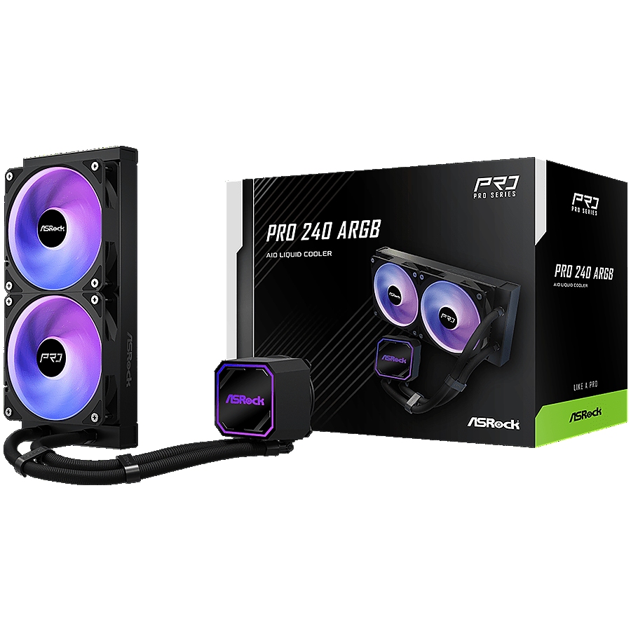 Asrock Pro 240 ARGB, AiO liquid cooler, 240 mm radiator, AM5, AM4, LGA1851, LGA1700, 90-APRA36-BAAGA6, Black, 6Y