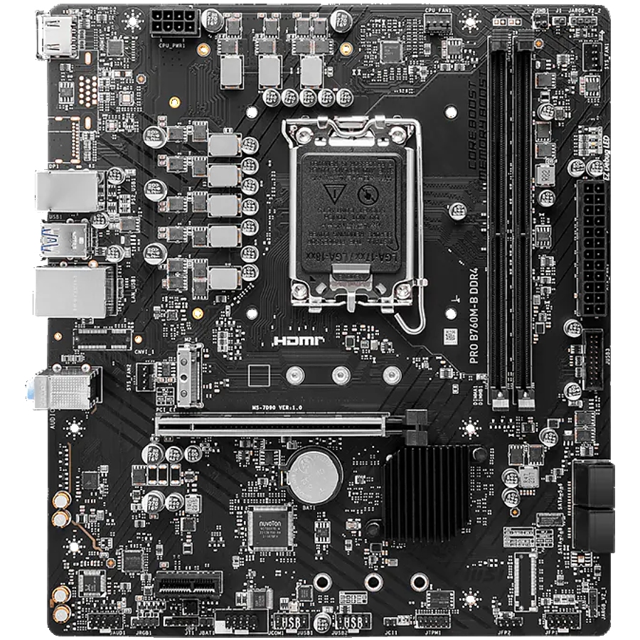 MSI PRO B760M-B DDR4, mATX, Socket 1700, Dual Channel DDR4 4800(OC)MHz, 1x PCIe x16 slots, 2x M.2 slots, 1x HDMI, 1x DP, 1x VGA, 1x USB 3.2 Gen 2 Type-C, 1x USB 3.2 Gen 1, 4x USB 2.0, 2x ARGB Headers, 7.1 HD Audio, 1Gbps LAN, 3Y