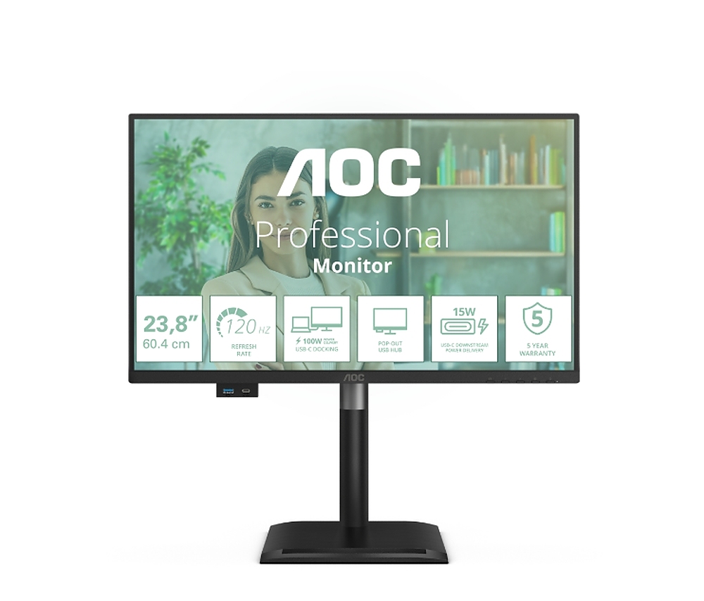AOC 24P4CV, 23.8" IPS WLED, 1920x1080@120Hz, 4ms GtG, 300cd m/2, 1500:1, 50M:1 DCR, Adaptive Sync, FlickerFree, Anti-Blue Light, 2Wx2, Tilt, Height Adjust, Pivot, Swivel, HDMI, DP, USB hub, RJ45