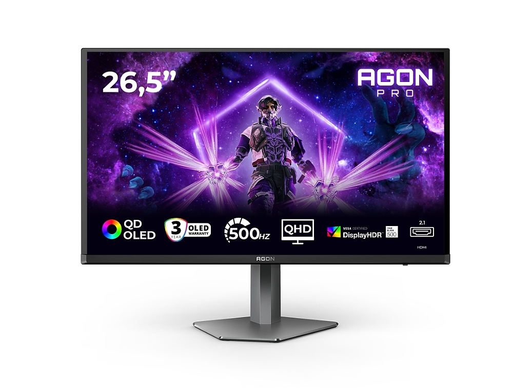 AOC AG276QKD2, 26.5" QD-OLED, 2560x1440@500Hz, 0.03ms GtG, 1000cd m/2, 1.5M:1, 80M:1 DCR, Adaptive Sync, Low Blue Light, FlickerFree, 5Wx2, Tilt, Height Adjust, Pivot, Swivel, 2xHDMI, DP, USB hub