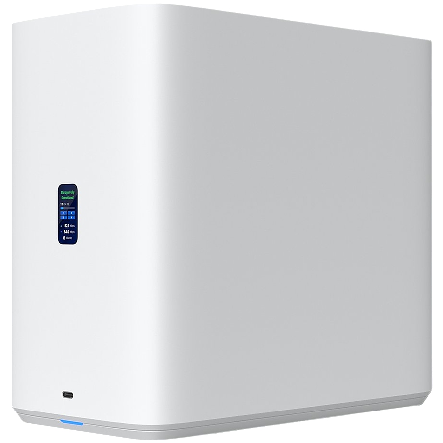 Ubiquiti UniFi UNAS-4-W-EU Network Attached Storage with (4) 2.5/3.5" HDD bays, (2) M.2 NVMe SSD cache slots, 2.5 GbE networking, USB-C connectivity, and an included PoE+++ adapter, all in a compact footprint