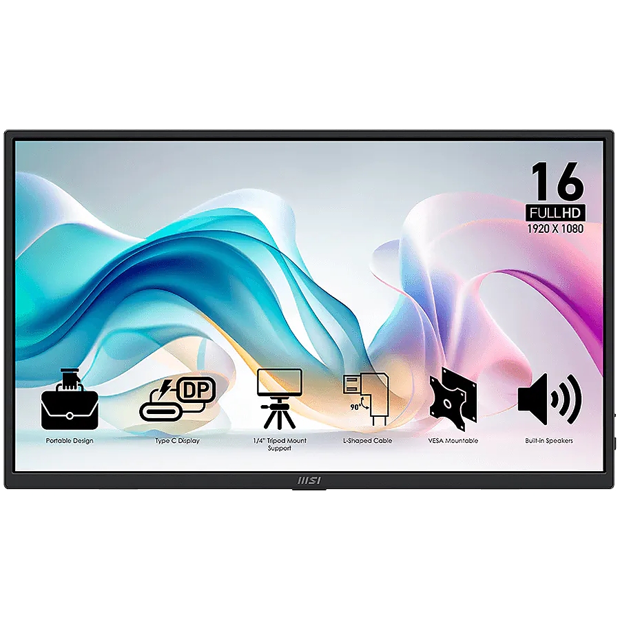 MSI PRO MP165 E6 Professional Business Portable Monitor, 15.6" 60Hz, FHD (1920x1080) 16:9, IPS Anti-glare, 4ms, 250nits, 1000:1, 178/178, Tilt, Speakers, 2x Type-C, 1x HDMI, 3Y Warranty