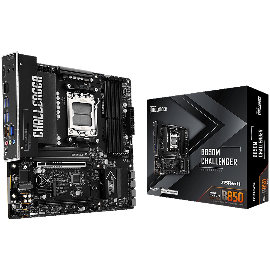 ASROCK MB B850M Challenger, AM5, 4x DDR5, 1x PCIe 5.0 x16, 1x PCIe 4.0x1, 1x PCIe 4.0x16, 1x Blazing M.2, 1x Hyper M.2, 4x SATA3, RAID 0, 1, 10, 7.1 CH HD Audio, 1x HDMI, 9x USB 3.2, 5x USB 2.0, 1x USB-C, 2.5G LAN, 1x HDMI, mATX