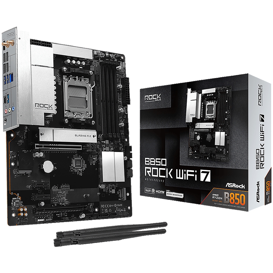 ASROCK MB Desktop B850 Rock WiFi 7, AM5, 4x DDR5, 1x PCIe 5.0 x16, 1x PCIe 4.0 x16, 1x Blazing M.2, 1x Hyper M.2, 4x SATA3, RAID 0, 1, 10, 7.1 CH HD Audio, 1x HDMI, 8x USB 3.2, 8x USB 2.0, 2x USB-C, 2.5G LAN, 2x Wi-Fi 7, BT, 1x HDMI, 1x SPDIF, ATX