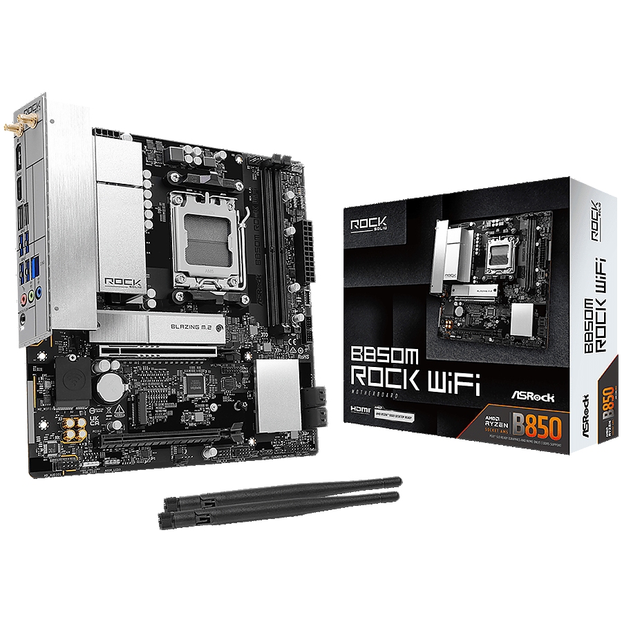 ASROCK MB B850M Rock WiFi 7, AM5, 2x DDR5, 1x PCIe 5.0 x16, 1x PCIe 3.0x16, 1x Blazing M.2, 1x Hyper M.2, 4x SATA3, RAID 0, 1, 10, 7.1 CH HD Audio, 1x HDMI, 6x USB 3.2, 5x USB 2.0, 1x USB-C, 2.5G LAN, 2x Wi-Fi 6E, BT, 1x HDMI, 1x DP, mATX
