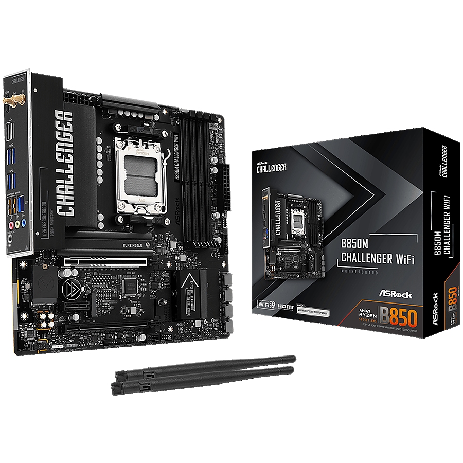 ASROCK MB B850M Challenger WiFi, AM5, 4x DDR5, 1x PCIe 5.0 x16, 1x PCIe 4.0x1, 1x PCIe 4.0x16, 1x Blazing M.2, 1x Hyper M.2, 4x SATA3, RAID 0, 1, 10, 7.1 CH HD Audio, 1x HDMI, 9x USB 3.2, 5x USB 2.0, 1x USB-C, 2.5G LAN, 2x Wi-Fi 7, BT, 1x HDMI, mATX