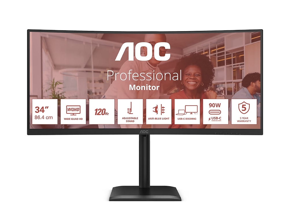 AOC CU34E4CV, 34" Curved 1500R VA WLED, 3440x1440@120Hz, 4ms GtG, 350cd m/2, 3500:1, 20M:1 DCR, Adaptive Sync, FlickerFree, Anti Blue Mode, 5Wx2, Tilt, Height Adjust, Swivel, 2xHDMI, DP, USB hub, RJ45