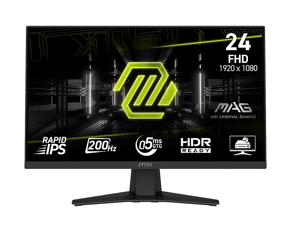 MSI MAG 244F Gaming Monitor, 23.8", 0.5ms, 200Hz Rapid IPS, 1920x1080, AMD FreeSync Premium, AI Vision, Console Mode, HDR Ready, 300nits AG, 1.07B, 1000:1, 100M:1, DP(1.2a), HDMI(2.0b), Headphone out, Tilt, VESA 100, Black, 2.9kg