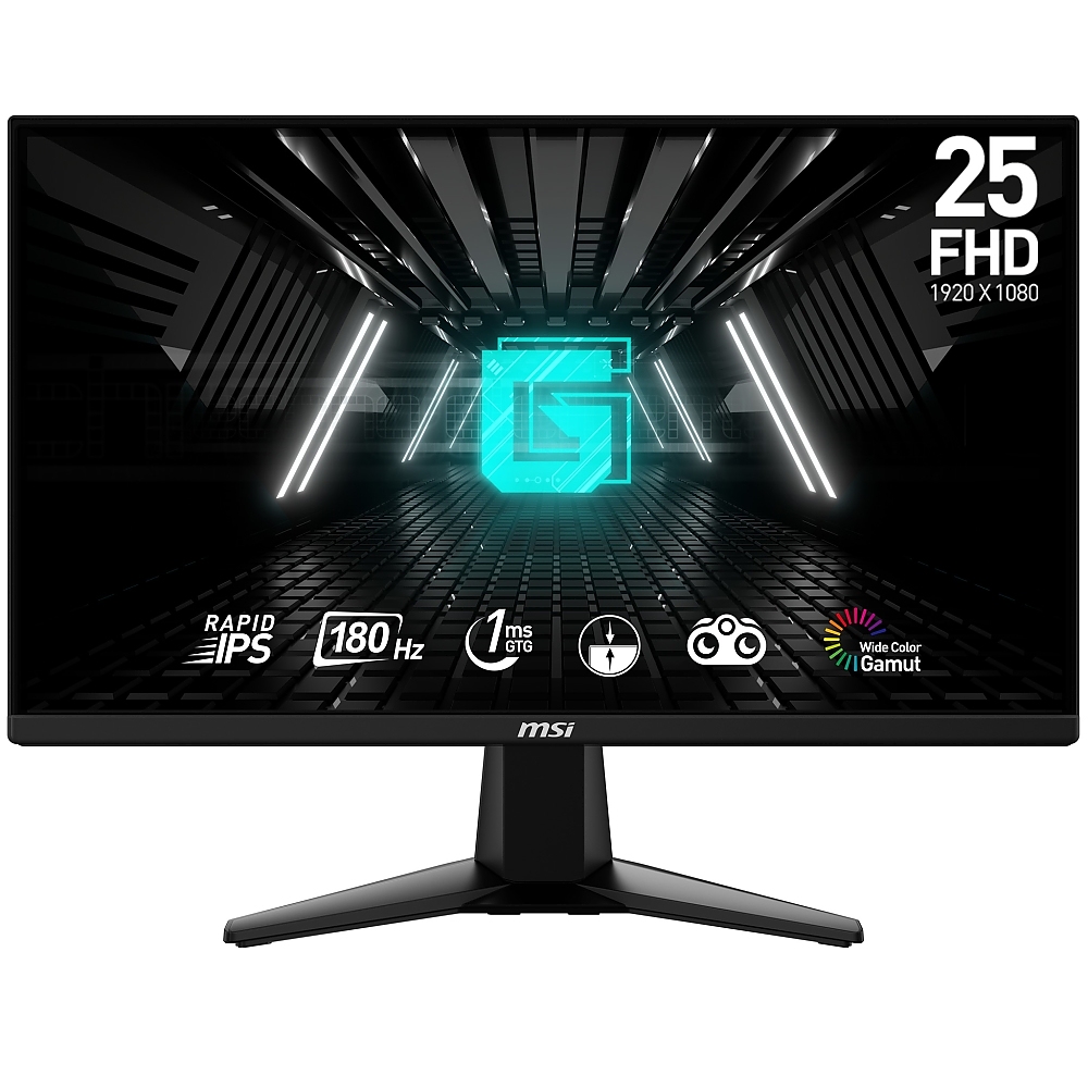 MSI G255F Gaming Monitor, 24.5", 1ms, 180Hz Rapid IPS, 1920x1080 FHD, AMD FreeSync Premium, Night Vision, Anti-Flicker, Less Blue Light, 300nits AG, 16.7M, 1000:1, 100M:1, DP(1.2a), 2xHDMI (2.0b), Headphone out, Tilt, VESA 100, Black, 3.24kg