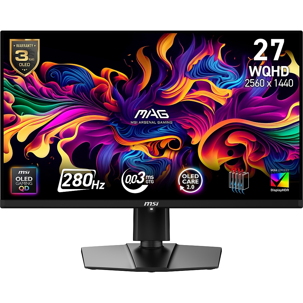 MSI MAG 271QP QD-OLED X28 Gaming Monitor, 26.5", 0.03ms, 280Hz, 2560x1440, G-SYNC, AMD FreeSync Premium Pro, AI Vision, Console Mode, ClearMR 15000, HDR True Black 400, Type-C(15W PD), DP(1.4a), 2xHDMI(2.1), Pivot, Heigh Adj., VESA 100, Black, 8.2kg