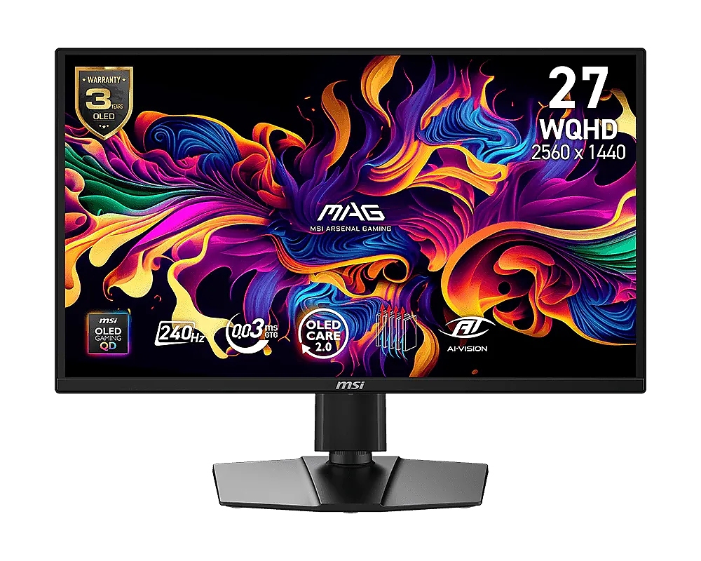 MSI MAG 272QP QD-OLED X24 Gaming Monitor, 26.5", 0.03ms, 240Hz, 2560x1440, G-SYNC, AMD FreeSync Premium, AI Vision, Console Mode, ClearMR 15000, HDR Ready, Type-C(15W PD), DP(1.4a), 2xHDMI(2.1), Pivot, Heigh Adj., VESA 100, Black, 5.7kg