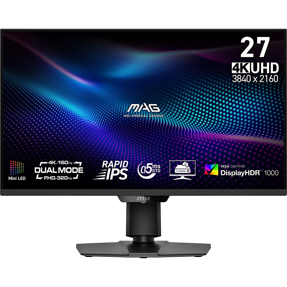 MSI MAG 274UPDF E16M Gaming Monitor, 27", 0.5ms, Dual Mode 320Hz and 4K 160Hz Rapid IPS with Mini-LED, 3840x2160, G-SYNC, AMD FreeSync Premium, AI Vision, Console Mode, HDR 1000, Type-C(15W PD), DP(1.4a), 2xHDMI(2.1), Pivot, Heigh Adj., VESA, Black, 7.5k