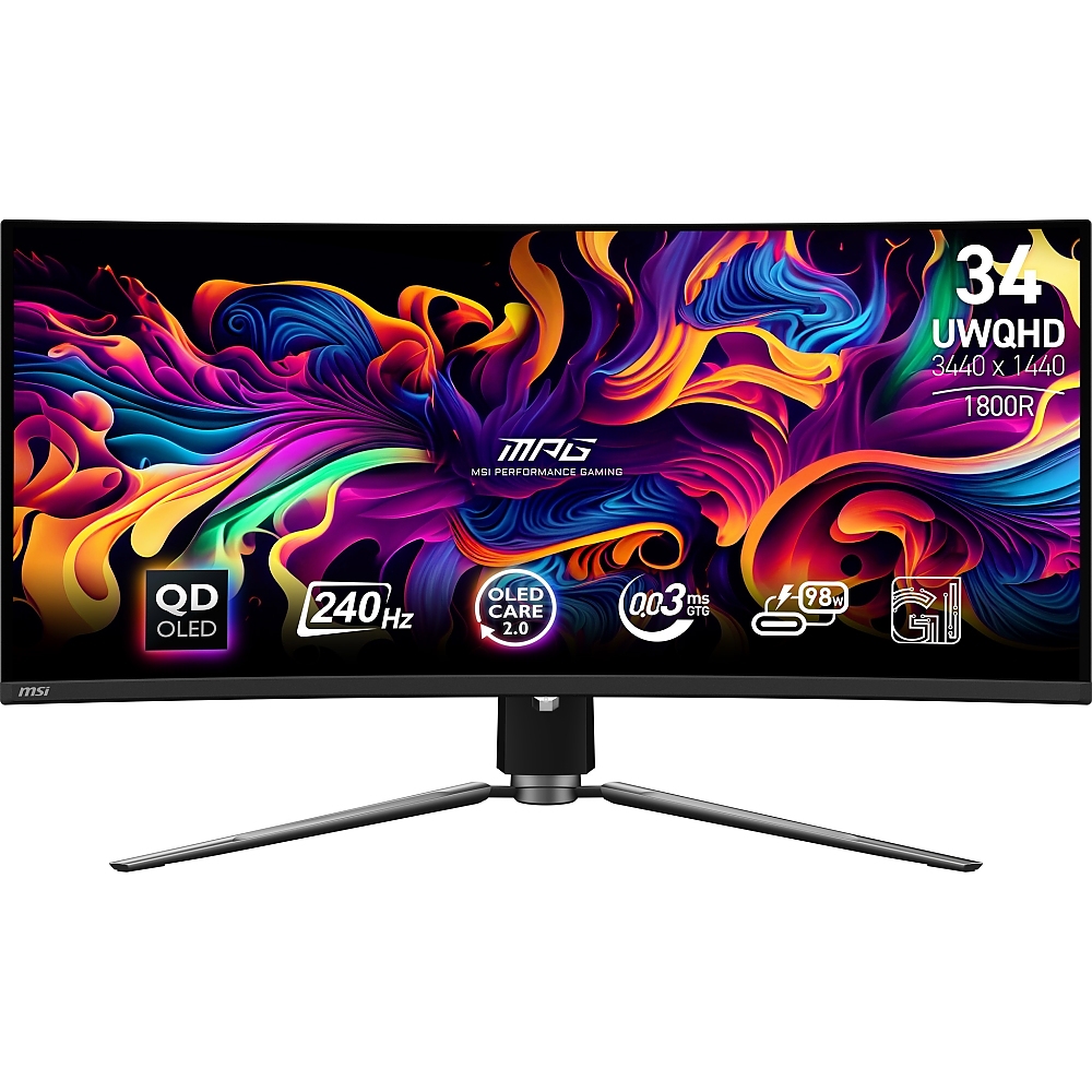 MSI MPG 341CQPX QD-OLED Gaming Monitor, 34", 0.03ms, 240Hz Curve 1800R, 3440x1440, G-SYNC, KVM, AI Vision, Console Mode, ClearMR 13000, HDR True Black 400, Type-C(98W PD), DP(1.4a), 2xHDMI(2.1), USB Hub, Heigh Adj., VESA 100, Black, 8.8kg