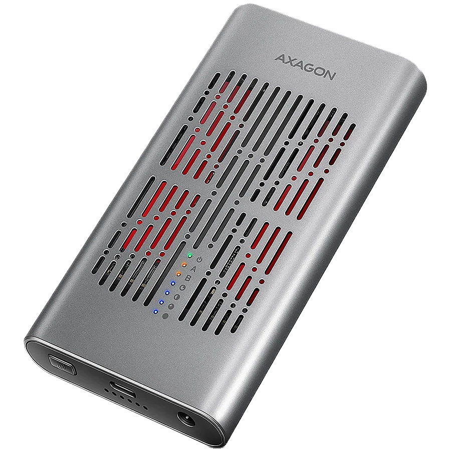 EEM2-20GD USB-C 20Gbps Dual M.2 NVMe SSD CLONE MASTER Enclosure. External USB-C 20Gbps metal box for two M.2 NVMe SSD disks with cloning functionality.