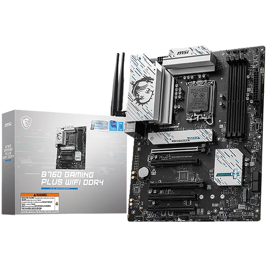 MSI B760 GAMING PLUS WIFI DDR4, LGA 1700, 4xDDR4, ATX, Dual Channel DDR4 5333(OC)MHz, 5x PCIe x16 slots, 2x M.2 slots, 1x HDMI, 1x DP, 2x USB 3.2 Gen 2, 1x USB 3.2 Gen 2 Type-C, 4x USB 2.0, 7.1 HD Audio, 2.5Gbps LAN, WI-Fi 6E, BT, 3Y