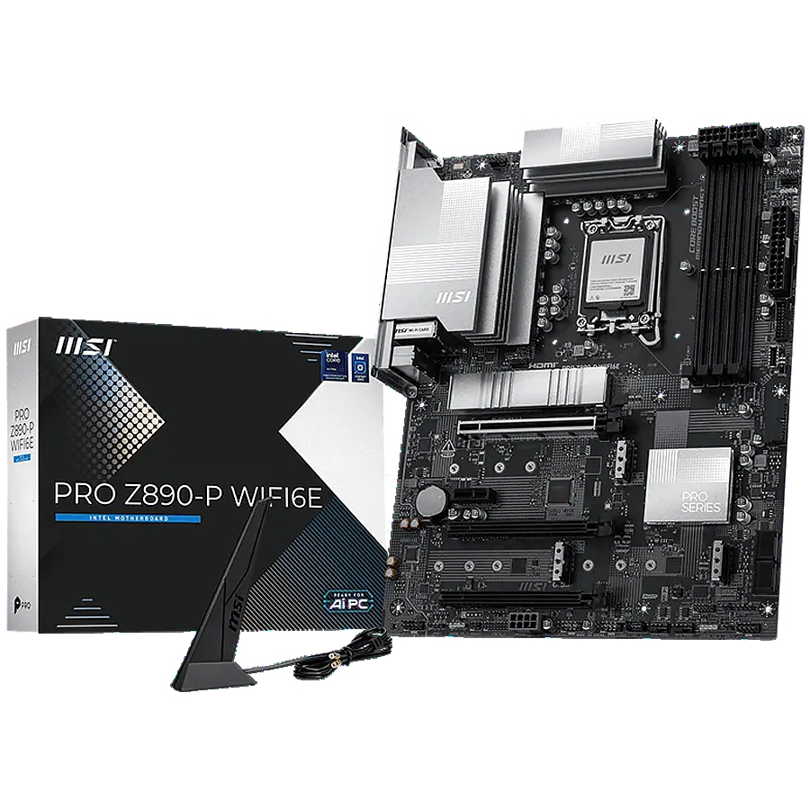 MSI PRO Z890-P WIFI6E, LGA 1851, Dual Channel DDR5 up to 9200(OC)MHz, 3x PCIe x16 slots, 4x M.2 slot, 4x USB 2.0, 2x USB 3.2 Gen 1, 1x USB 3.2 Gen 2, 1x USB 3.2 Gen 2 Type-C, 1x HDMI, 1x DP, 5Gbps LAN, WIFI6E, 7.1 Audio, 3Y