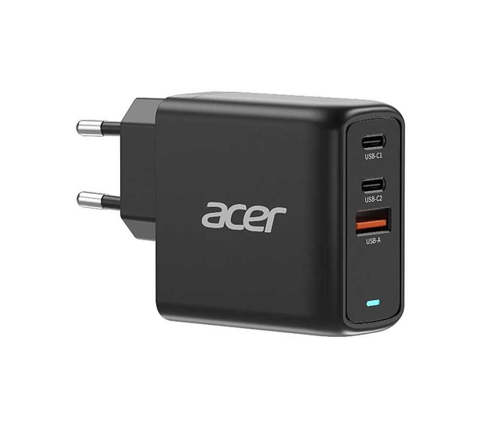 Acer Power Adapter 67W PD GaN Charger, 2 x USB C and 1 x USB A, EU Plug, 100W USB-C cable, Black (Retail Pack)