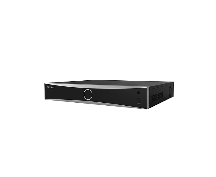HikVision 16-ch 1.5U K Series AcuSense 4K NVR, 160 Mbps, up to 12 MP (2x12 MP/4x8 MP/8x4 MP/16x1080p), H.265+, 4 SATA HDD up to 16TB, 2 x USB 2.0, 1 x USB 3.0, Video input: HDMI 4K, VGA 1920 x 1080/60Hz, Audio Output: 1-ch, RCA (Linear, 1 kOhm)