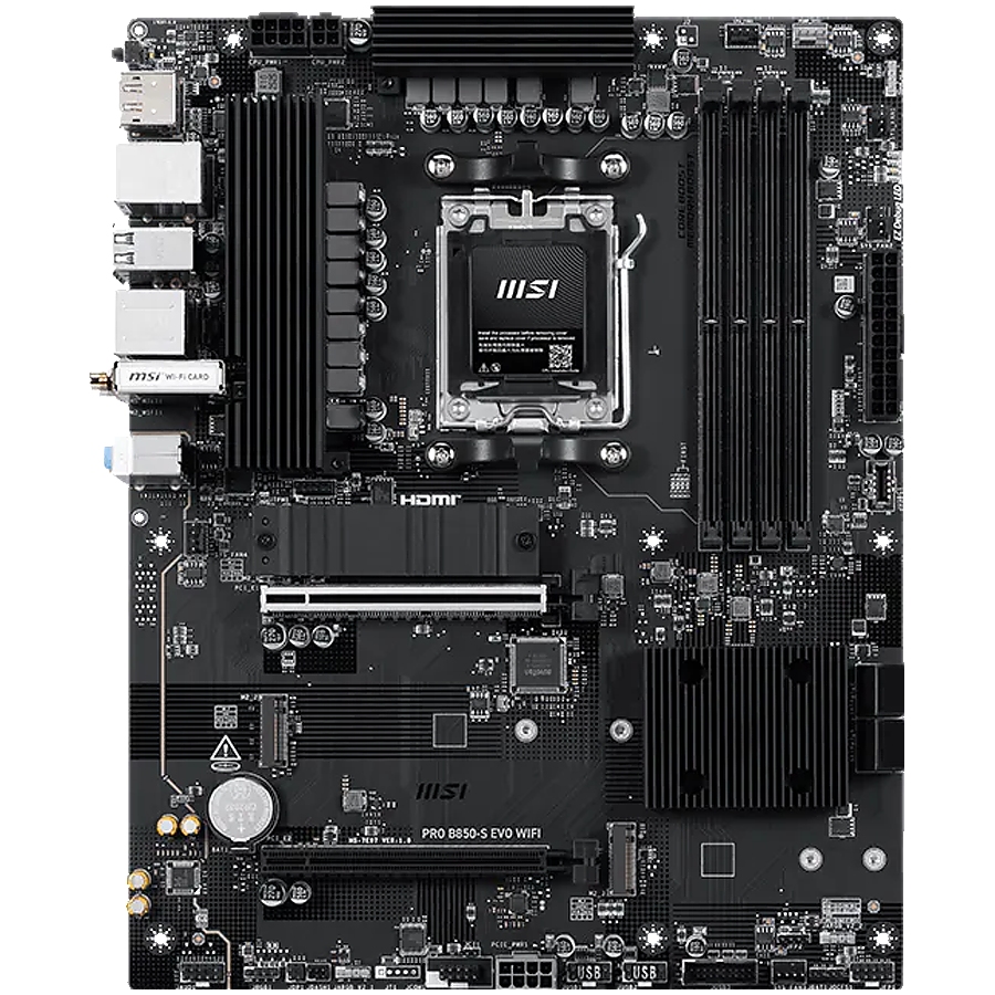 MSI PRO B850-S EVO WIFI, ATX, Socket AM5, 4x DDR5 Dual Channel up to 8200(OC)MHz, 2x PCIe x16 slot, 3x M.2 slot, 4x USB 2.0, 2x USB 5Gbps, 2x USB 10Gbps, 1x USB 10Gbps Type-C, HDMI, DP, 7.1 HD Audio, 5G LAN, WiFI 7, BT, 3Y