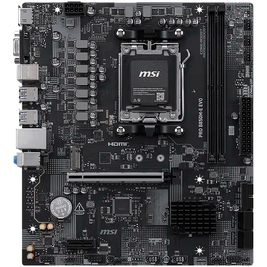 MSI PRO B850M-E EVO, mATX, Socket AM5, 2x DDR5 Dual Channel up to 8200(OC)MHz, 1x PCIe x16 slot, 1x M.2 slot, 4x USB 5Gbps, 2x USB 2.0, HDMI, VGA, 7.1 HD Audio, 2.5G LAN, 3Y