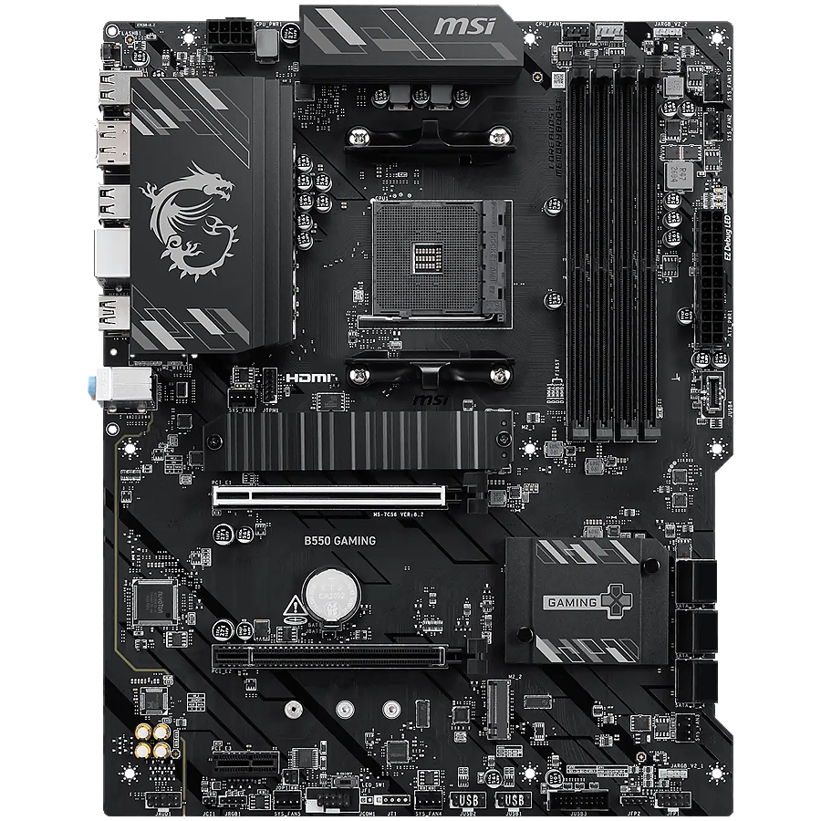 MSI B550 GAMING, ATX, Socket AM4, 4x DDR4 Dual Channel up to 4866+(OC)MHz, 2x PCIe x16 slots, 2x M.2 slots, 2x USB 3.2 Gen 2 (1x Type-C), 2x USB 3.2 Gen 1, 4x USB 2.0, 1x HDMI, 1x DP, 1G LAN, 7.1 HD Audio, 3Y