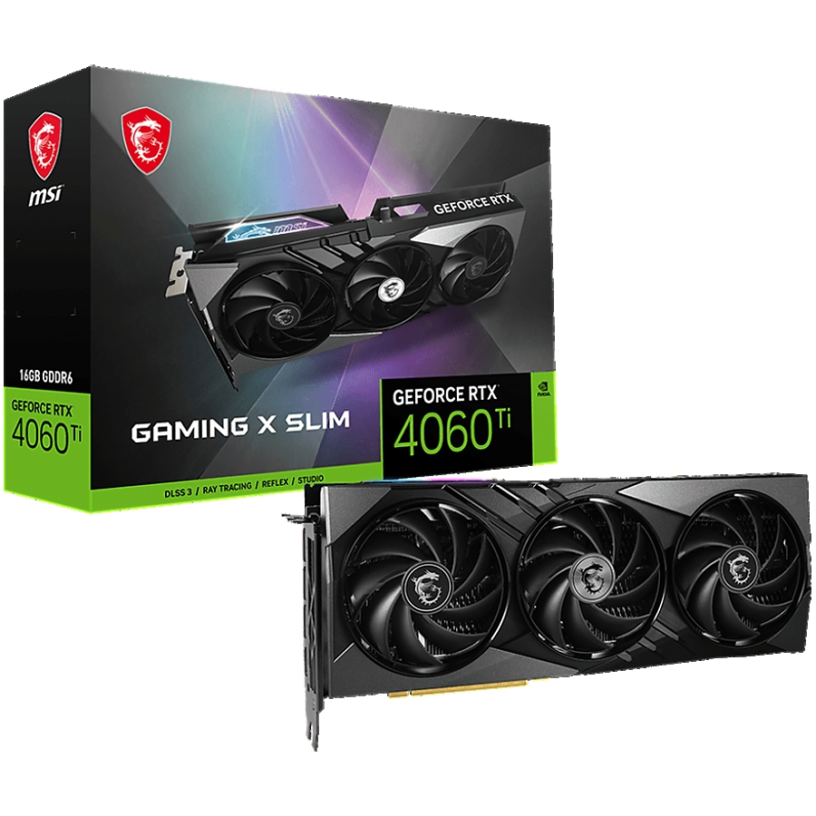 MSI Video Card Nvidia GeForce RTX 4060 Ti GAMING X SLIM 16G, 16GB GDDR6X, 128-bit, 2670 MHz Boost, 4352 CUDA Cores, PCIe 4.0, 3x DP 1.4a, HDMI 2.1a, RAY TRACING, Triple Fan, 550W Recommended PSU, 3Y