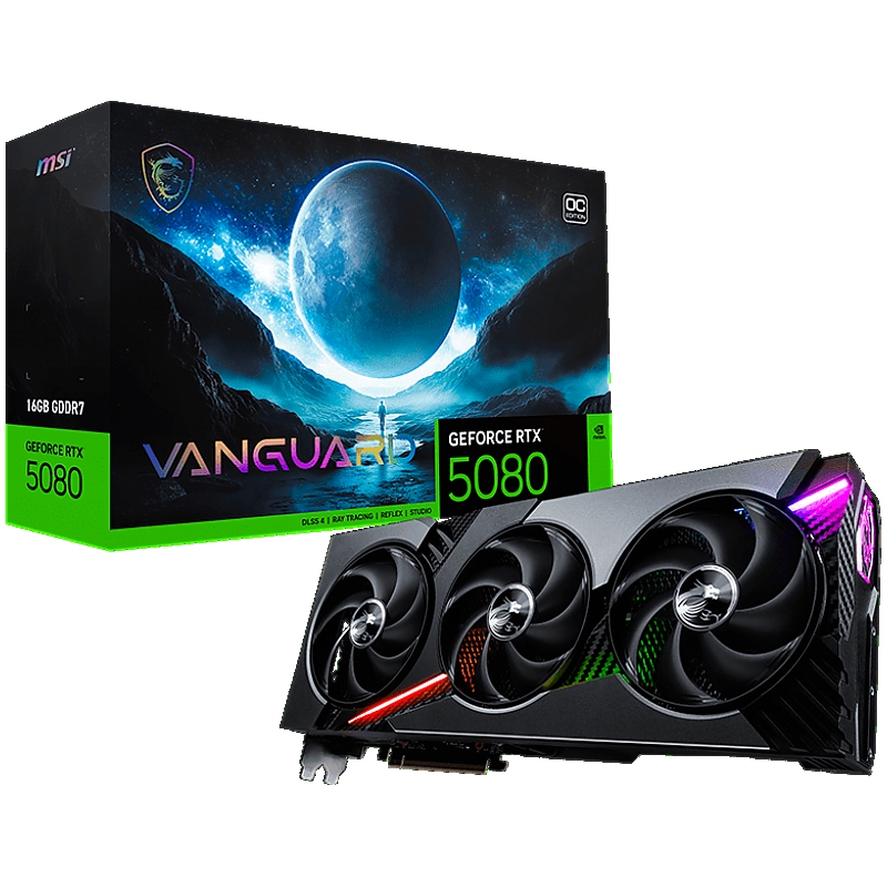 MSI Video Card NVIDIA GeForce RTX 5080 16G VANGUARD OC, 16GB GDDR7, 256-bit, 2715 MHz Boost, 10752 CUDA Cores, PCIe 5.0, 3x DP 2.1b, HDMI 2.1b, RAY TRACING, Triple Fan, 360W TDP, 16-pin PCIe 5.0 (12V-2x6), G-SYNC, 3.5-Slot, 3Y